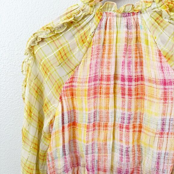 HEMANT AND NANDITA | Thick & Thin Striped Plaid Dress Yellow Pink Orange | Small - Picture 8 of 8